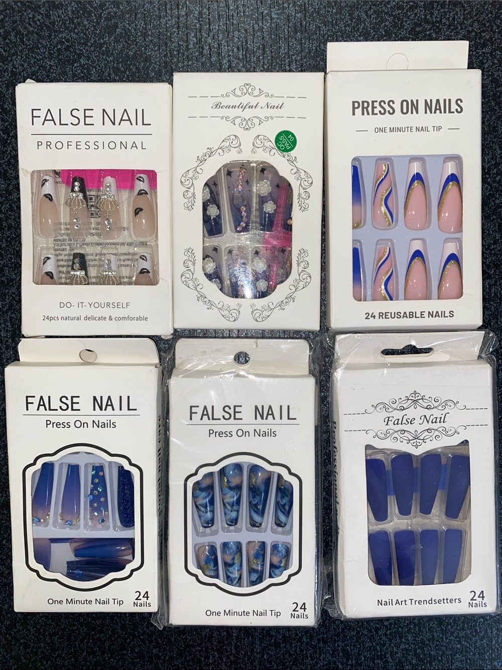 Mix of Blue & Nude Press-On Nail Sets - 6 Pack charms rhinestones